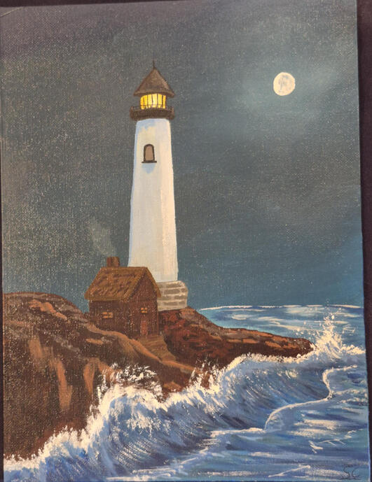 Stormy lighthouse canvas panel $45